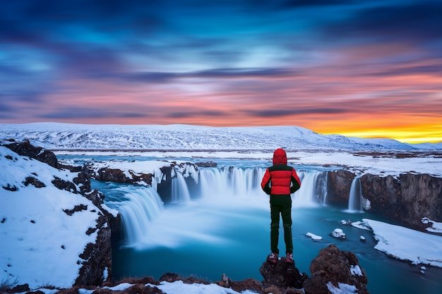 Godafoss Waterfall Sunset Winter Iceland Guy Red Jacket Looks Godafoss Waterfall 335224 673 1
